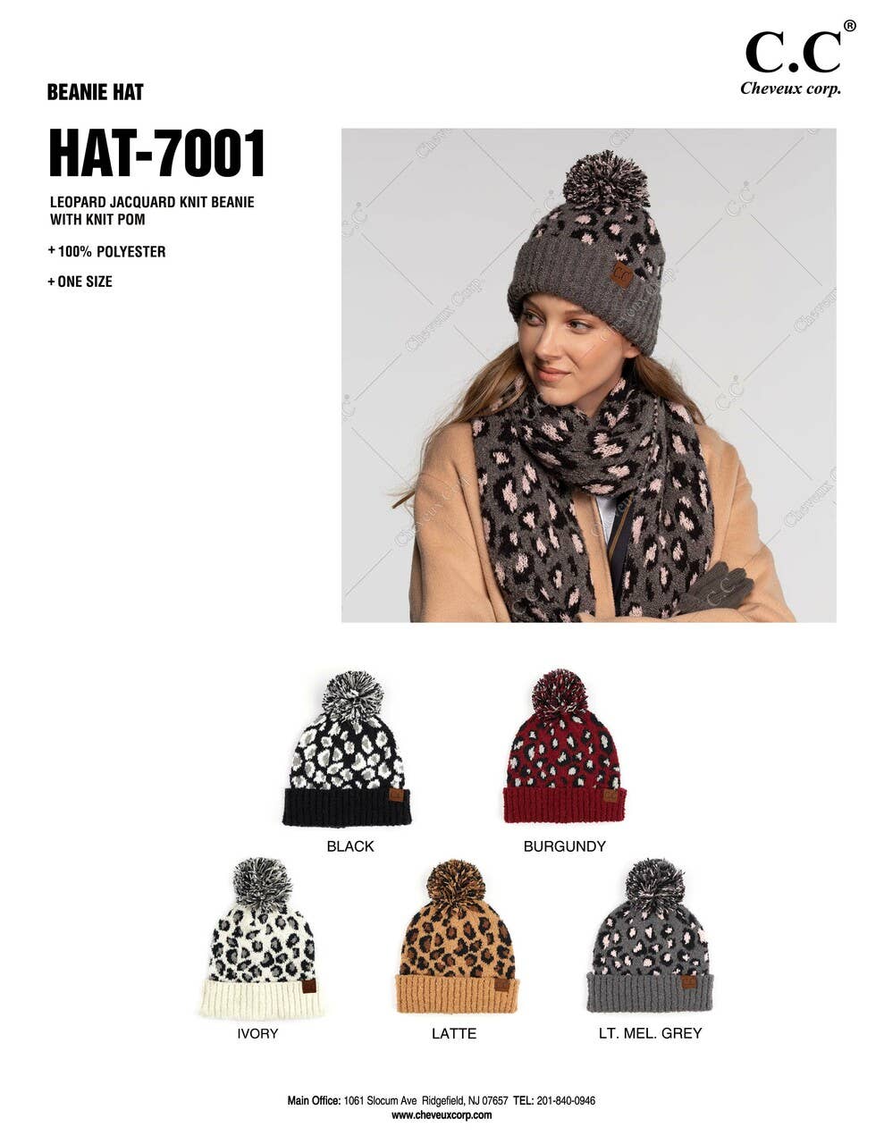 C.C Leopard Jacquard Knit Beanie: Light Melange Grey