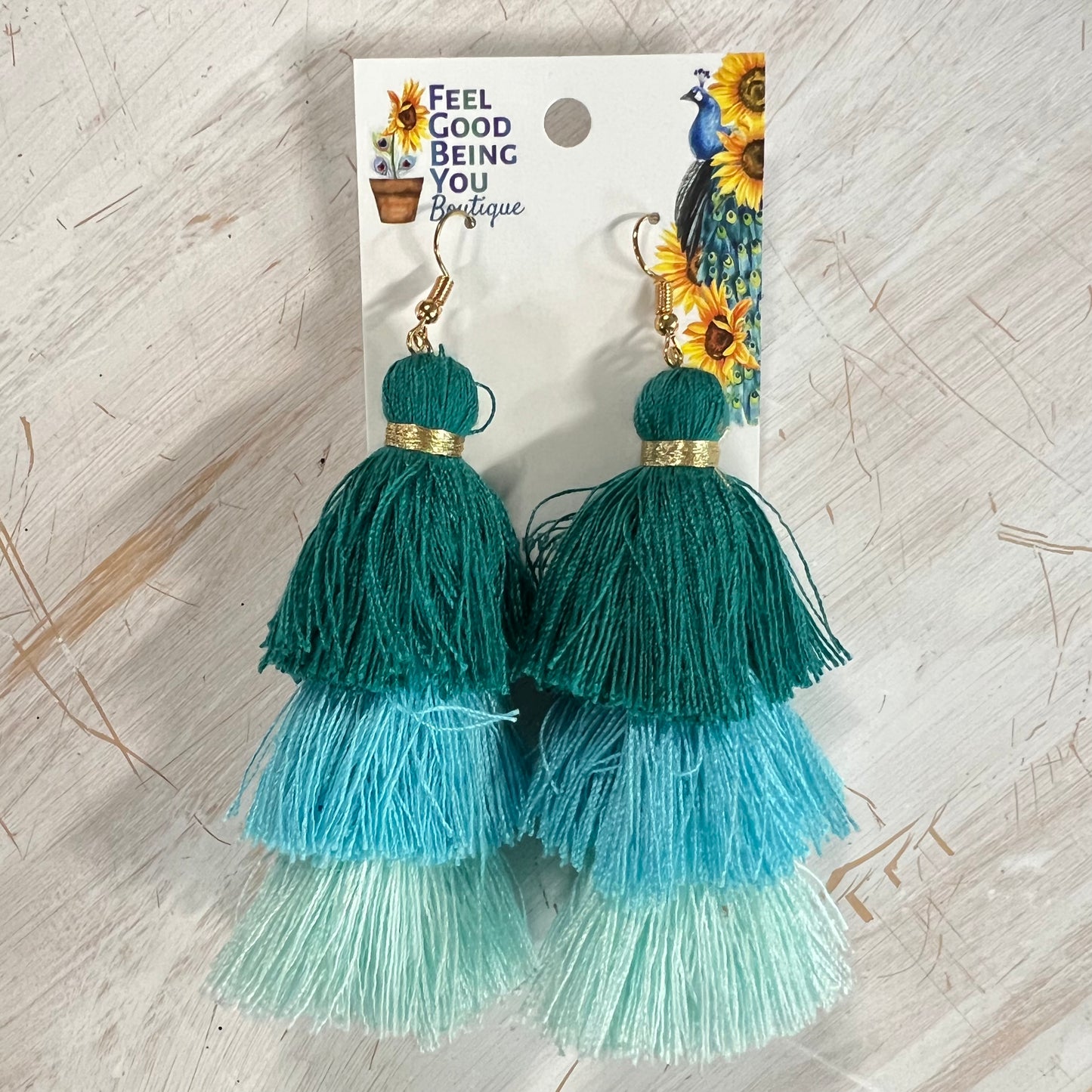 Teal Ombre Silky Tassel Earrings