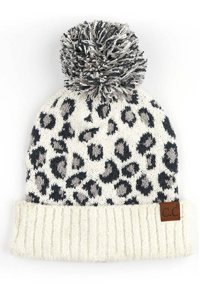 C.C Leopard Jacquard Knit Beanie: Light Melange Grey