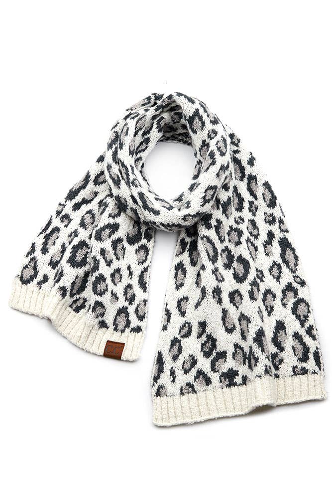 C.C Leopard Knit Oblong Scarf: Light Melange Gray