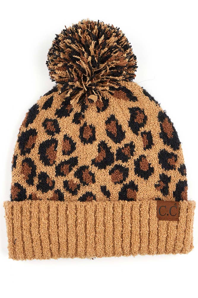 C.C Leopard Jacquard Knit Beanie: Light Melange Grey