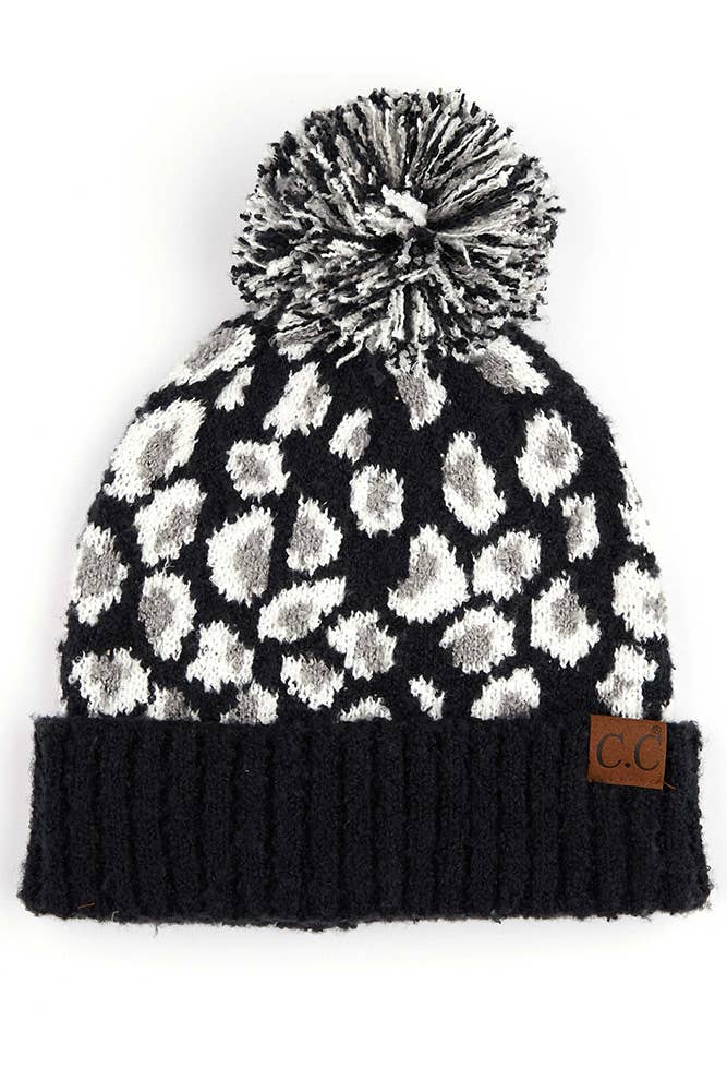 C.C Leopard Jacquard Knit Beanie: Light Melange Grey