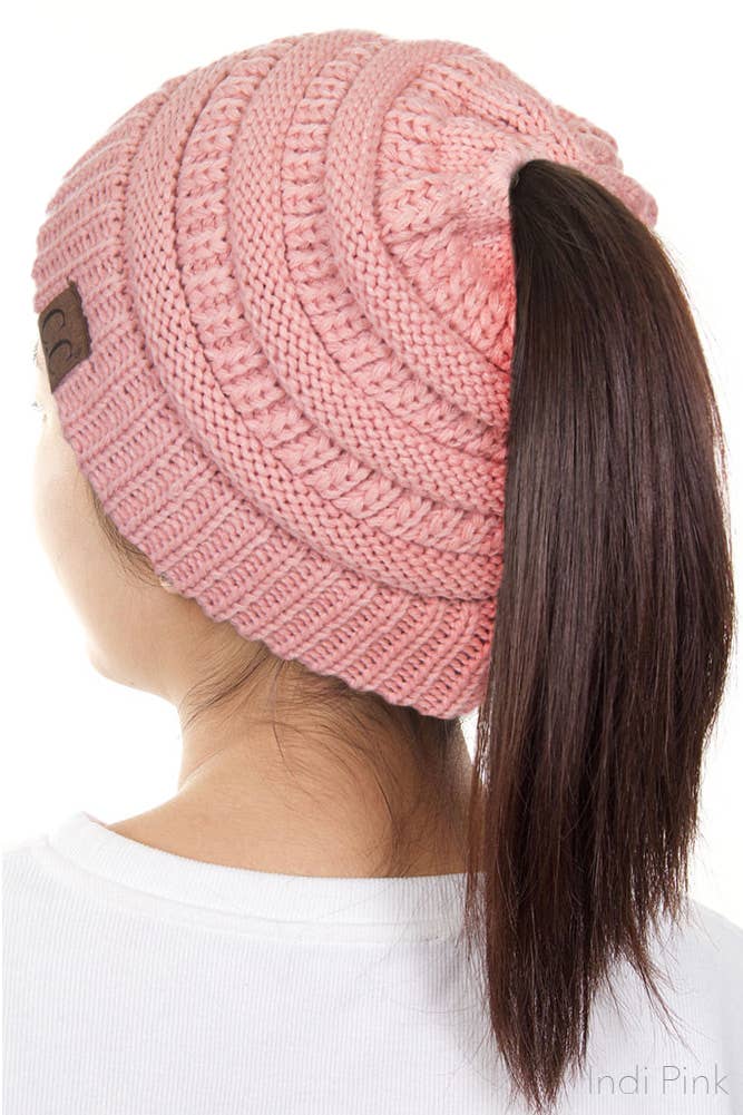 C.C Solid Color Ponytail Messy Bun Beanie: New Candy Pink