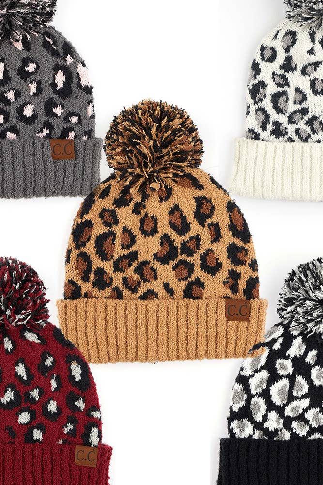 C.C Leopard Jacquard Knit Beanie: Light Melange Grey