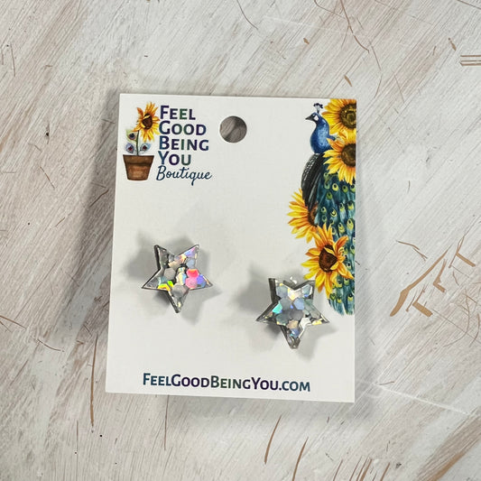 Silver Chunky Glitter Star Studs