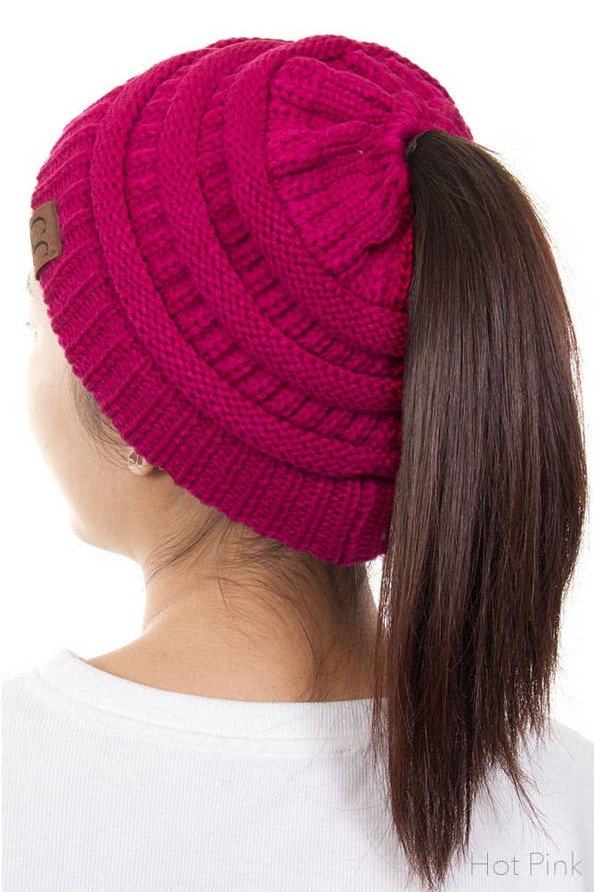 C.C Solid Color Ponytail Messy Bun Beanie: New Candy Pink