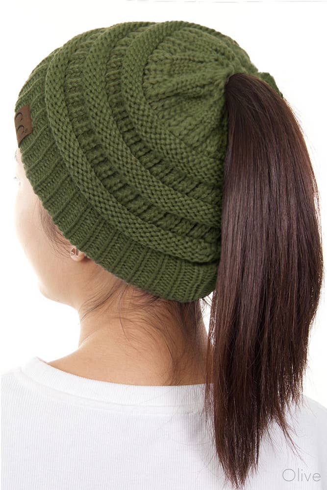 C.C Solid Color Ponytail Messy Bun Beanie: Beige