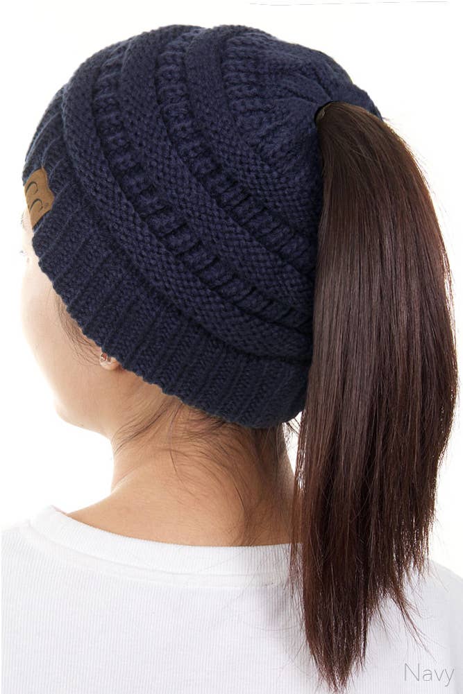 C.C Solid Color Ponytail Messy Bun Beanie: Beige