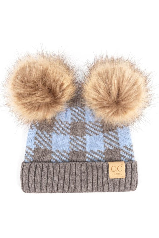 CC Baby Double Pom Pom Plaid Beanie