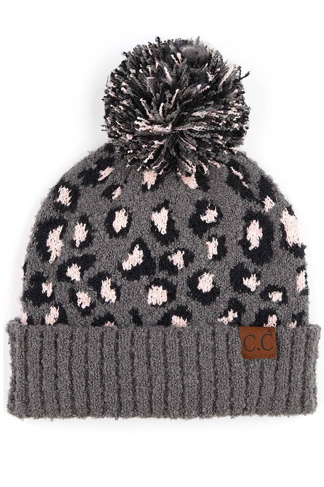 C.C Leopard Jacquard Knit Beanie: Light Melange Grey