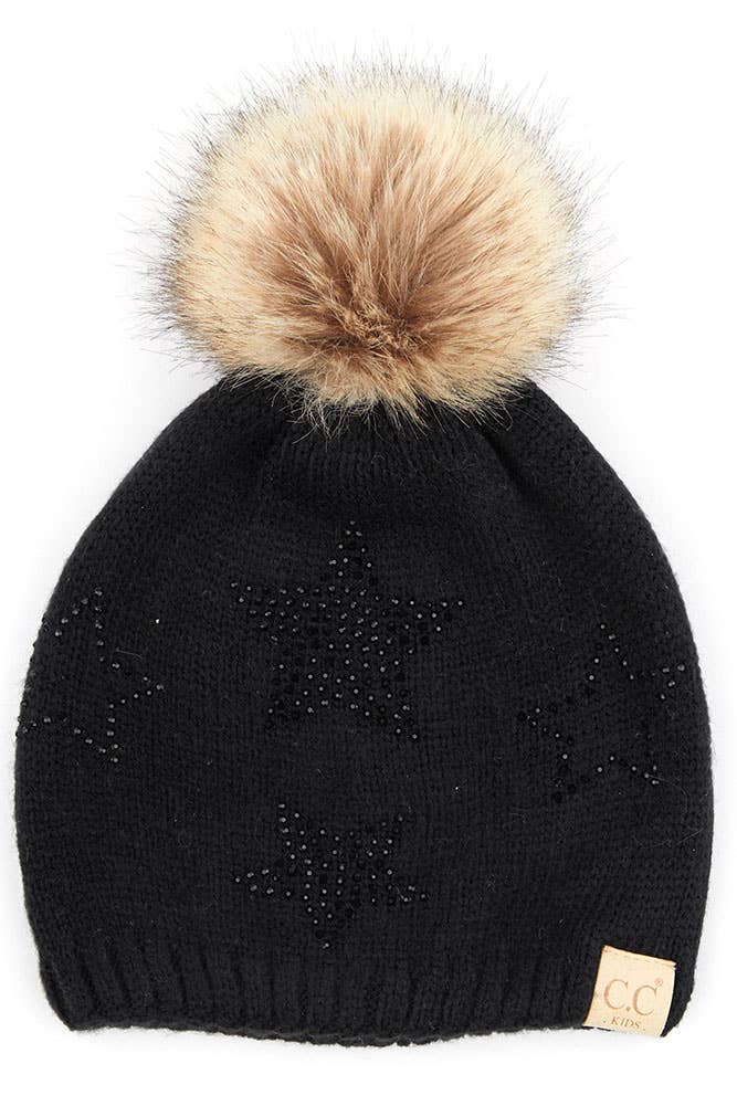 C.C Kids Faux Fur Pom Beanie with Rhinestone Star