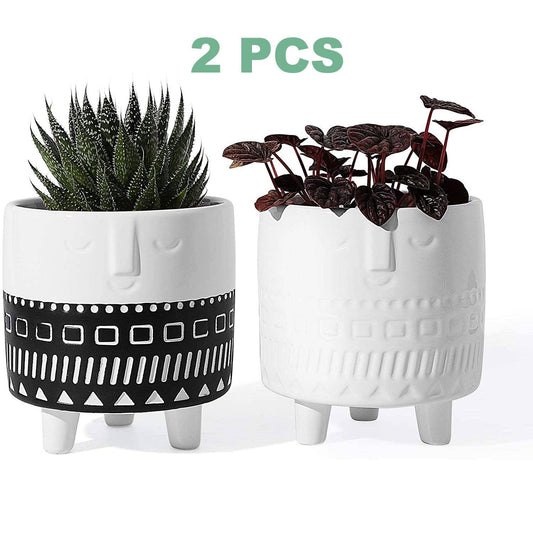 4.4 Inch Glazed Ceramic Face Planter with legs, Set of 2