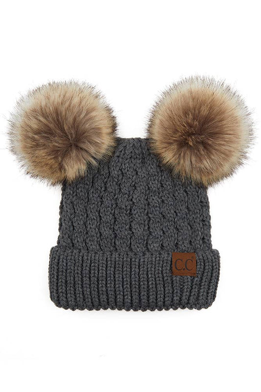 C.C Double Pom Pom All Over Cable Knit Beanie