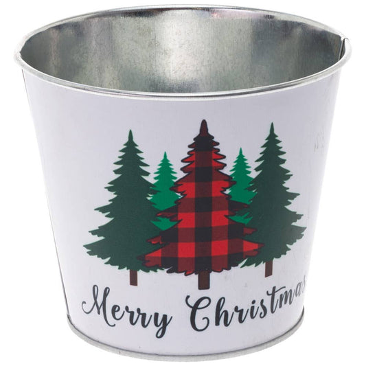 Red Plaid Trees Round Christmas Tin