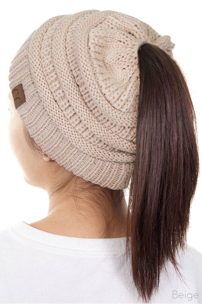 C.C Solid Color Ponytail Messy Bun Beanie: Beige