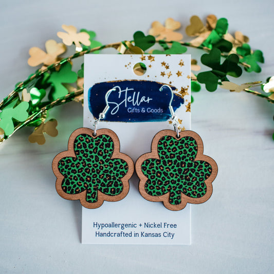 Green Leopard Shamrock Inset Dangles