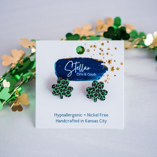 Green Leopard Shamrock Studs