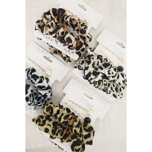 Leopard Print Scrunchie and Hair Clip Set