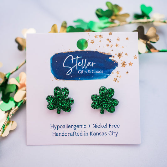 Green Glitter Shamrock Studs